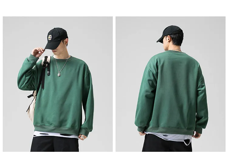 Sweatshirt Round-Neck Long Sleeved Sporty Solid Colored Trendy Loose Student Outerwear