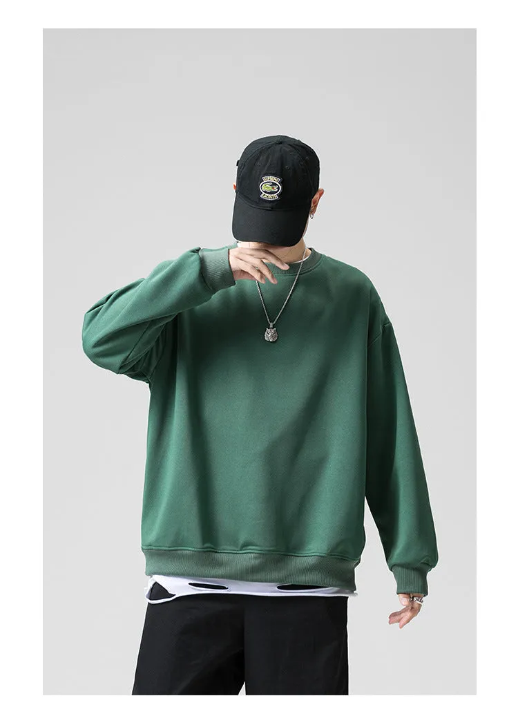 Sweatshirt Round-Neck Long Sleeved Sporty Solid Colored Trendy Loose Student Outerwear