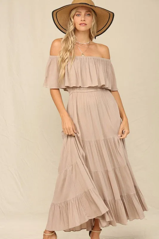 Taupe Off Whoulder Maxi Dress With Ruffle Top