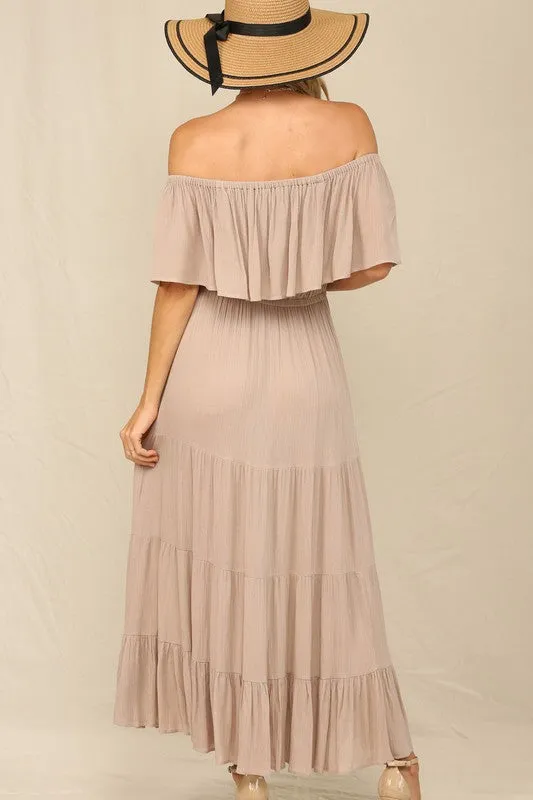 Taupe Off Whoulder Maxi Dress With Ruffle Top