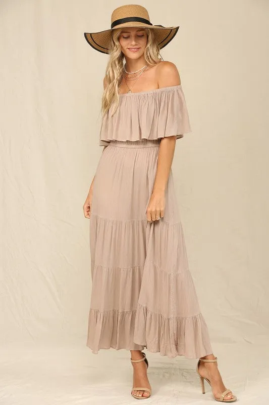 Taupe Off Whoulder Maxi Dress With Ruffle Top