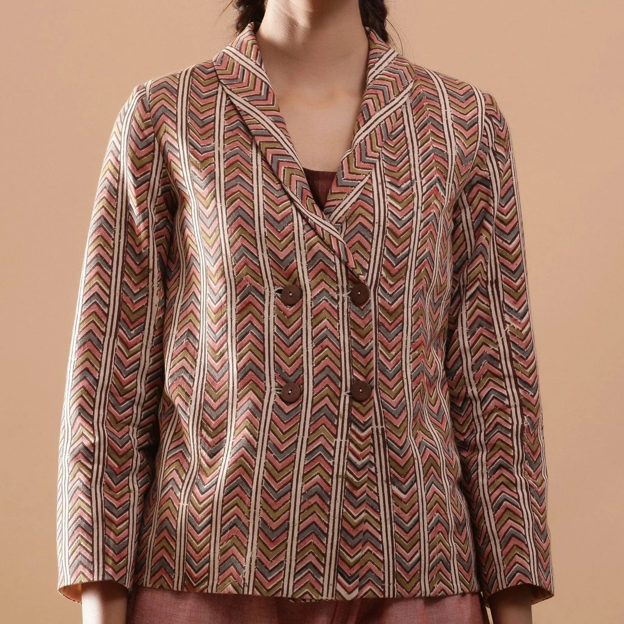 Warm Block Print Double-Breasted Short Cotton Jacket