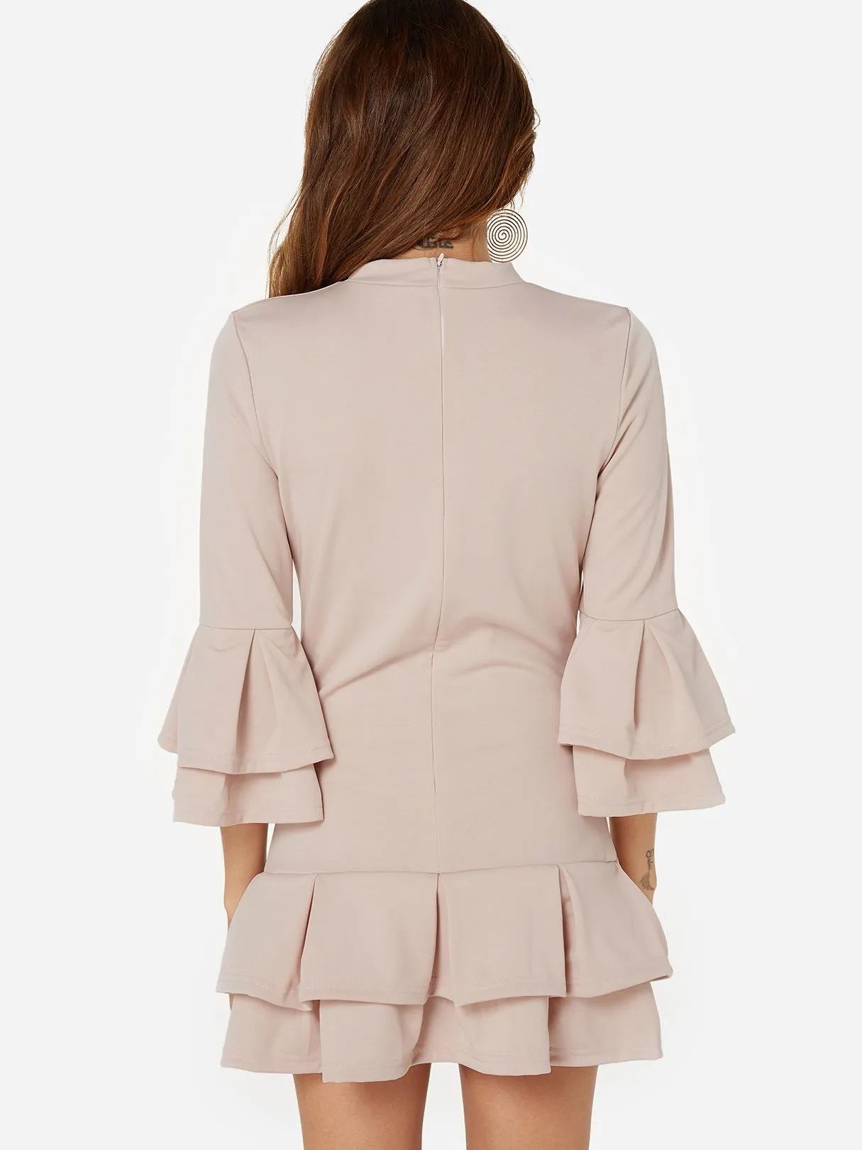 Wholesale Apricot Perkins Collar 3/4 Sleeve Length Plain Flounced Hem Casual Dresses