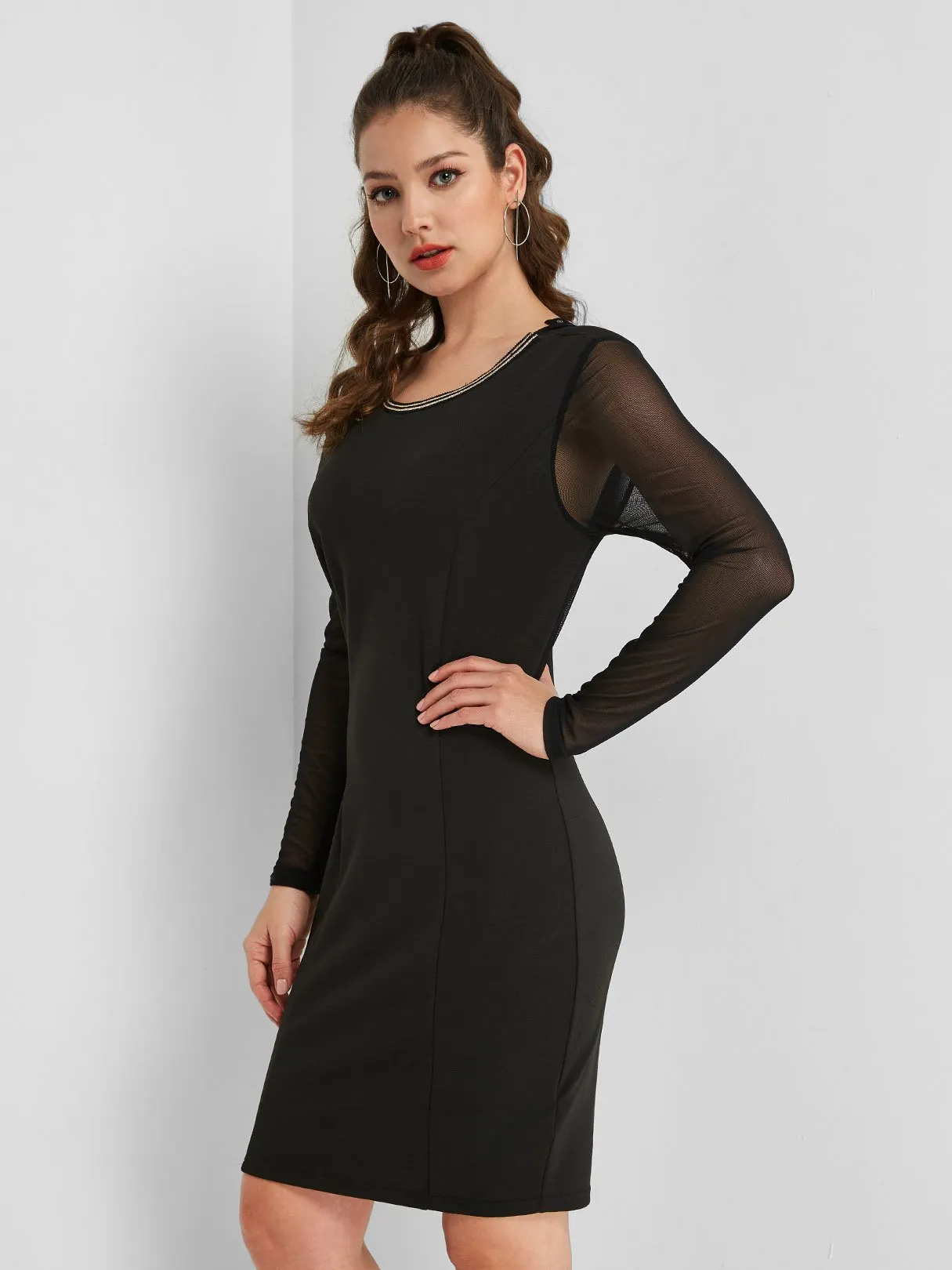 Wholesale Black Scoop Neck Long Sleeve Plain Casual Dresses