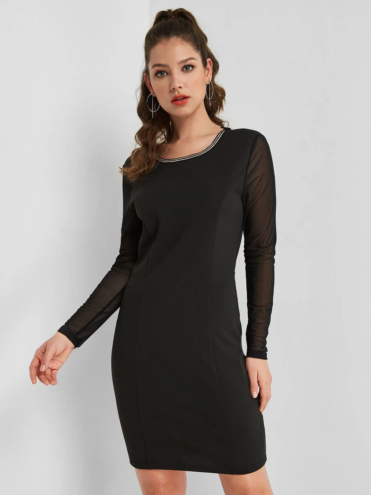 Wholesale Black Scoop Neck Long Sleeve Plain Casual Dresses