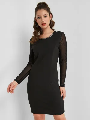 Wholesale Black Scoop Neck Long Sleeve Plain Casual Dresses