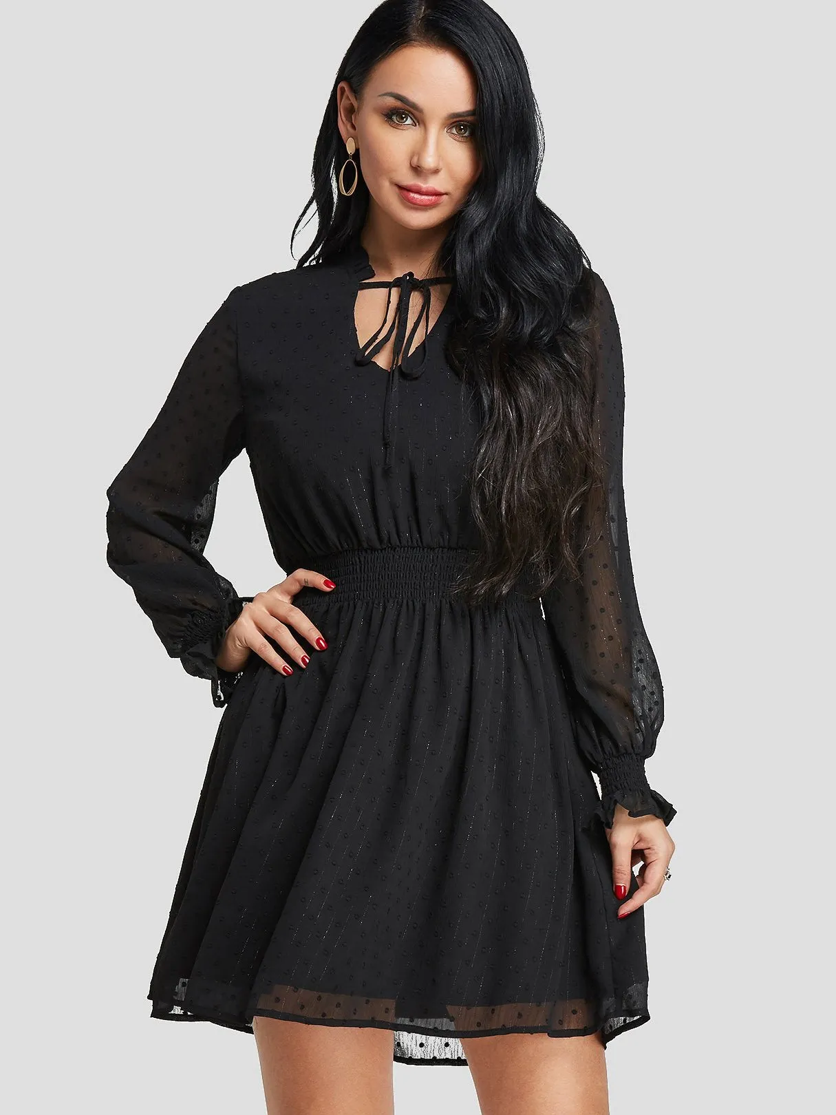 Wholesale Black V-Neck Plain See Through Tie-Up Casual Dresses
