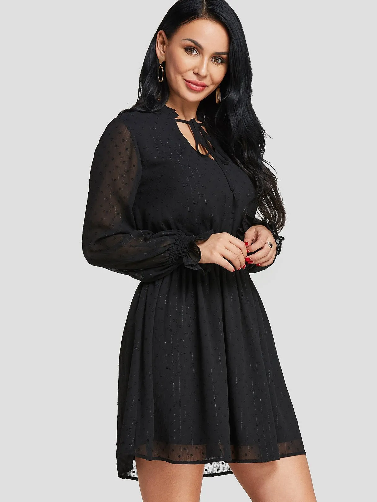 Wholesale Black V-Neck Plain See Through Tie-Up Casual Dresses