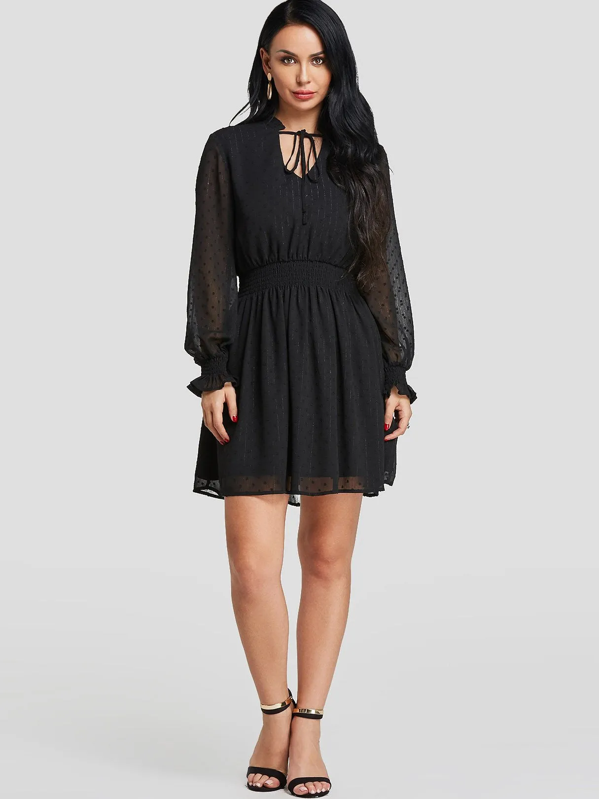 Wholesale Black V-Neck Plain See Through Tie-Up Casual Dresses