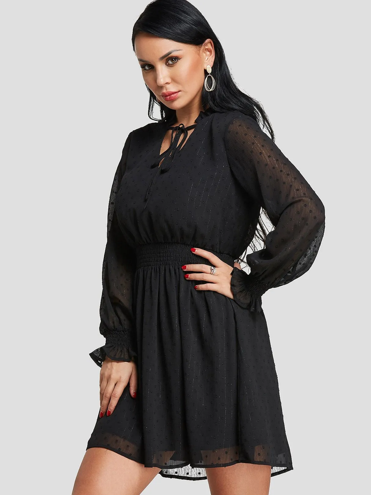 Wholesale Black V-Neck Plain See Through Tie-Up Casual Dresses