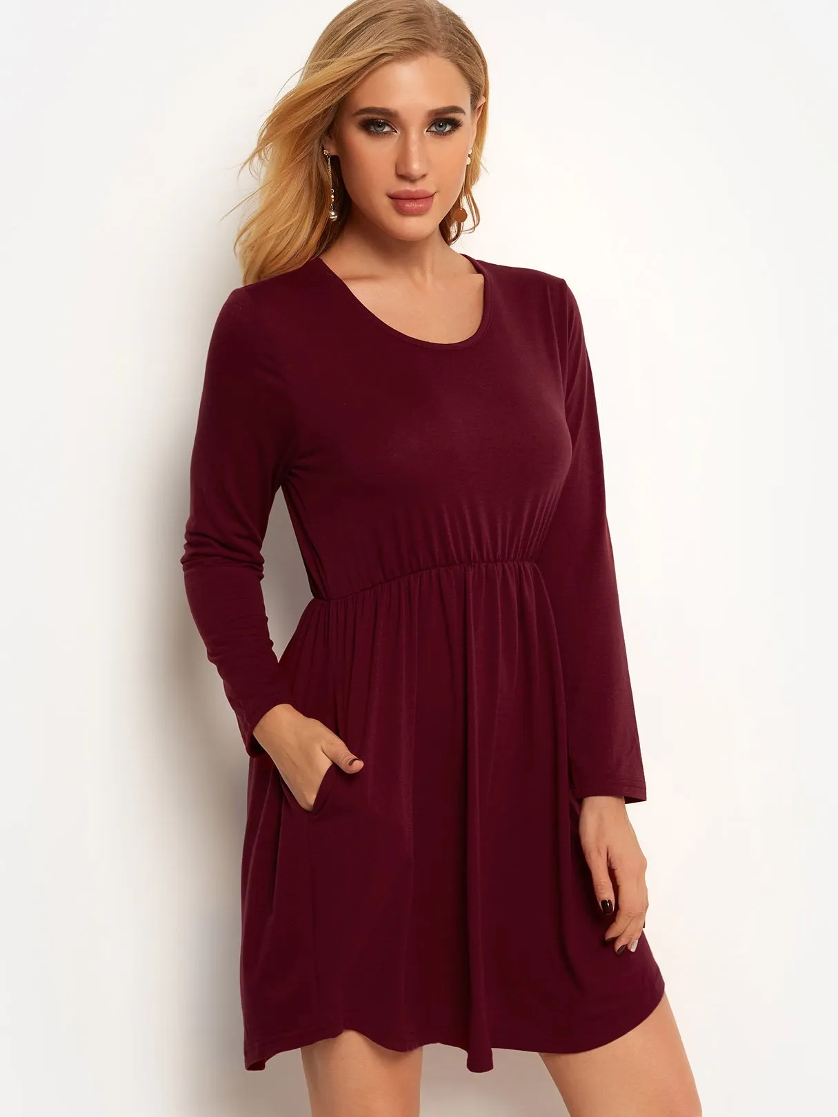 Wholesale Crew Neck Long Sleeve Plain Side Pockets Pleated Curved Hem High-Waisted Casual Dress