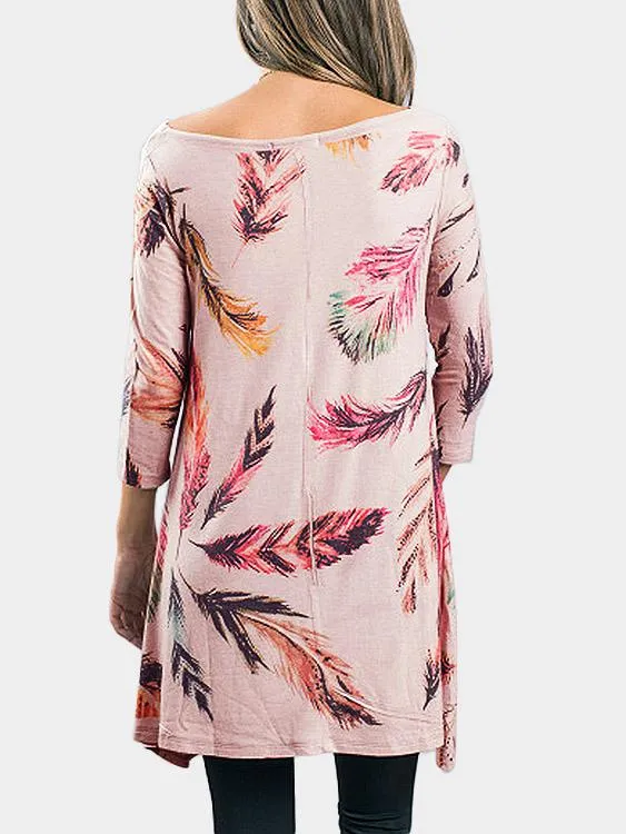 Wholesale Pink Round Neck 3/4 Length Sleeve Printed Irregular Hem Casual Dresses