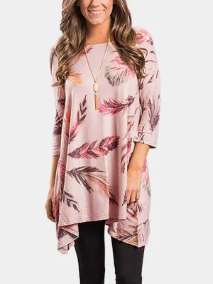 Wholesale Pink Round Neck 3/4 Length Sleeve Printed Irregular Hem Casual Dresses
