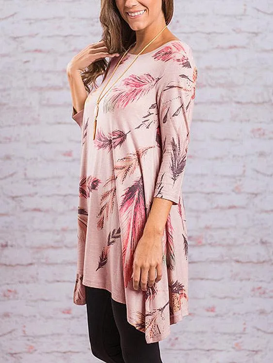 Wholesale Pink Round Neck 3/4 Length Sleeve Printed Irregular Hem Casual Dresses