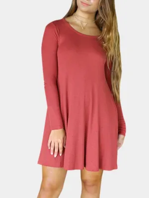 Wholesale Pink Round Neck Long Sleeve Plain Casual Dresses