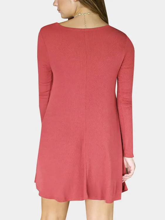 Wholesale Pink Round Neck Long Sleeve Plain Casual Dresses