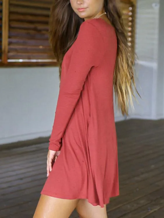 Wholesale Pink Round Neck Long Sleeve Plain Casual Dresses