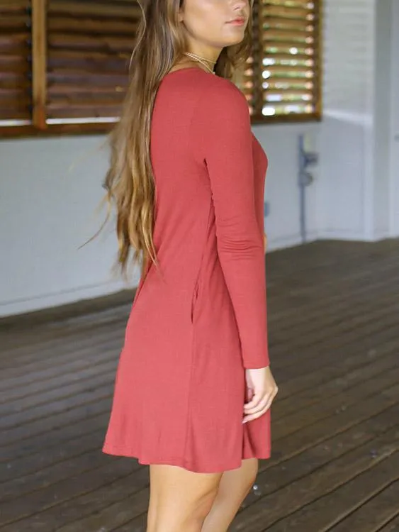 Wholesale Pink Round Neck Long Sleeve Plain Casual Dresses