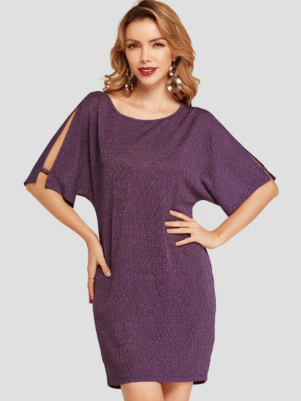 Wholesale Round Neck Cold Shoulder Half Sleeve Plain Casual Dress
