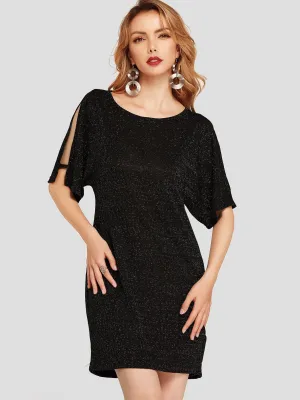Wholesale Round Neck Cold Shoulder Half Sleeve Plain Casual Dress