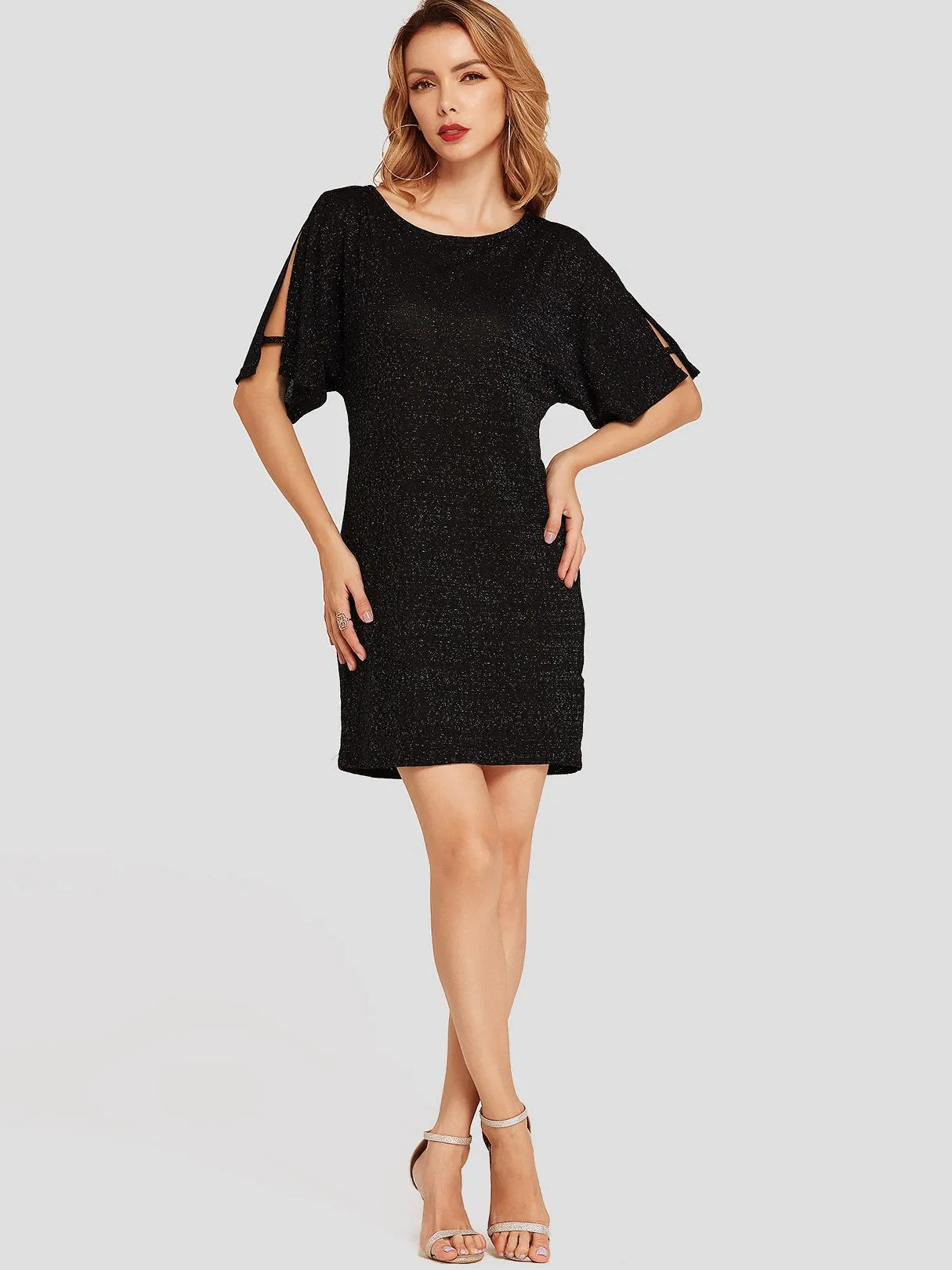 Wholesale Round Neck Cold Shoulder Half Sleeve Plain Casual Dress