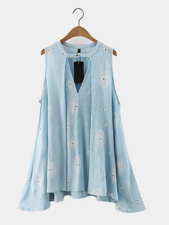 Wholesale Round Neck Sleeveless Floral Print Cut Out Irregular Hem Casual Dress
