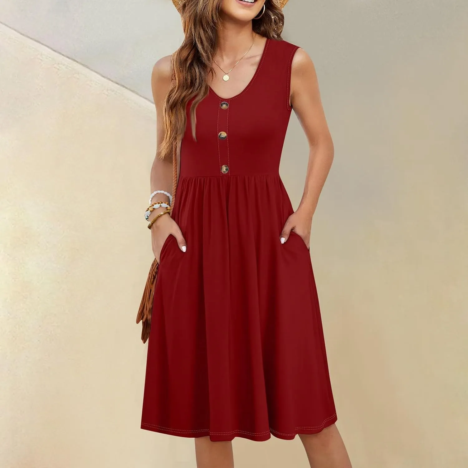Women Summer Dresses Sleeveless V-Neck Elastic Waist Midi Dress Casual Swing Button Down Sundress with Pockets S-3XL