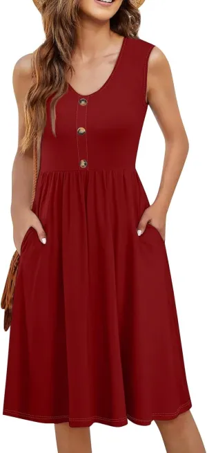 Women Summer Dresses Sleeveless V-Neck Elastic Waist Midi Dress Casual Swing Button Down Sundress with Pockets S-3XL