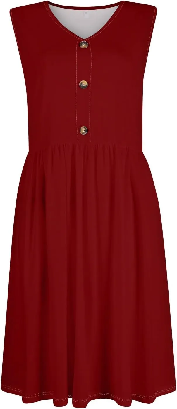 Women Summer Dresses Sleeveless V-Neck Elastic Waist Midi Dress Casual Swing Button Down Sundress with Pockets S-3XL