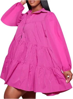 Womens Casual Button Down Shirt Dress Long Sleeve Collared Pleated Swing Mini Dresses Ruffle Hem Dress Plus Size Shirt Dress