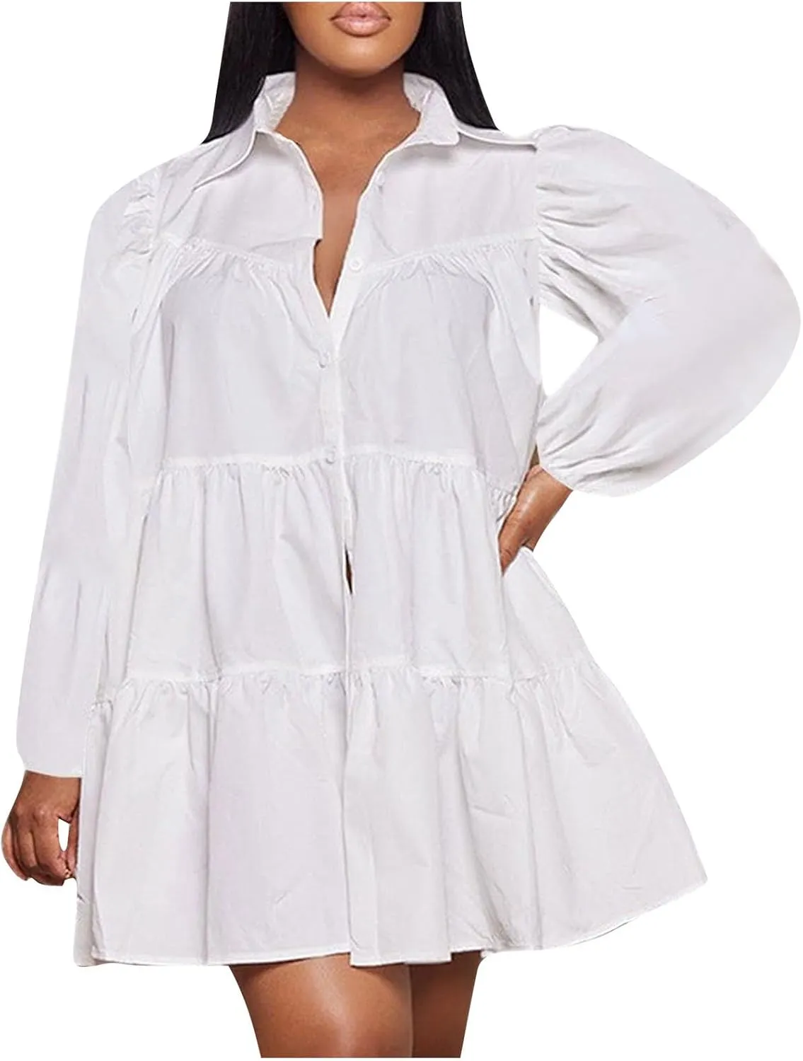 Womens Casual Button Down Shirt Dress Long Sleeve Collared Pleated Swing Mini Dresses Ruffle Hem Dress Plus Size Shirt Dress