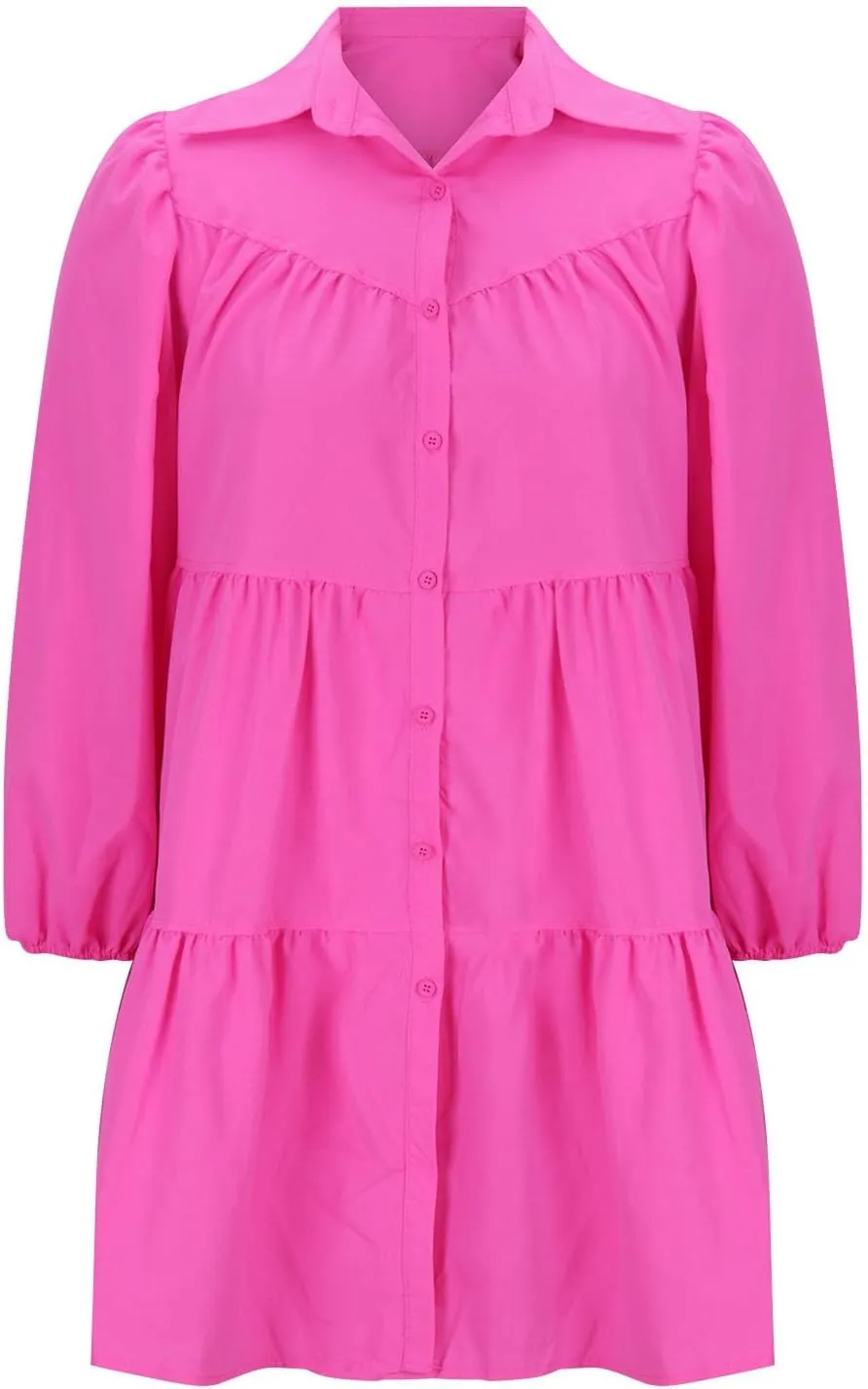 Womens Casual Button Down Shirt Dress Long Sleeve Collared Pleated Swing Mini Dresses Ruffle Hem Dress Plus Size Shirt Dress