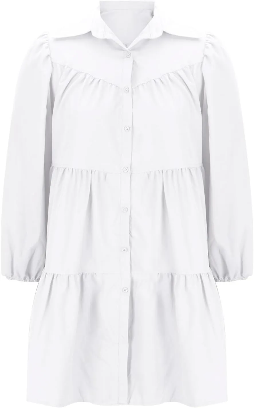 Womens Casual Button Down Shirt Dress Long Sleeve Collared Pleated Swing Mini Dresses Ruffle Hem Dress Plus Size Shirt Dress