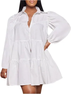 Womens Casual Button Down Shirt Dress Long Sleeve Collared Pleated Swing Mini Dresses Ruffle Hem Dress Plus Size Shirt Dress