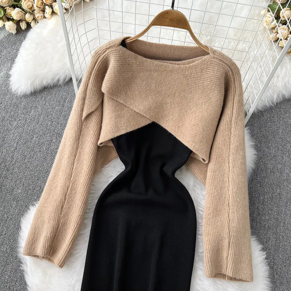 Women's Casual Round Neck Half Knitted Blouse Top Two-piece Thin Shoulder Strap Dress 354