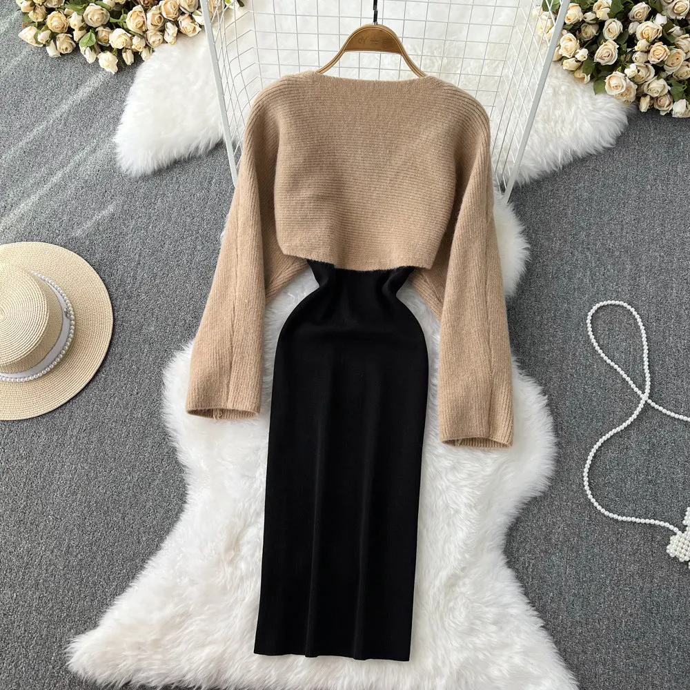 Women's Casual Round Neck Half Knitted Blouse Top Two-piece Thin Shoulder Strap Dress 354