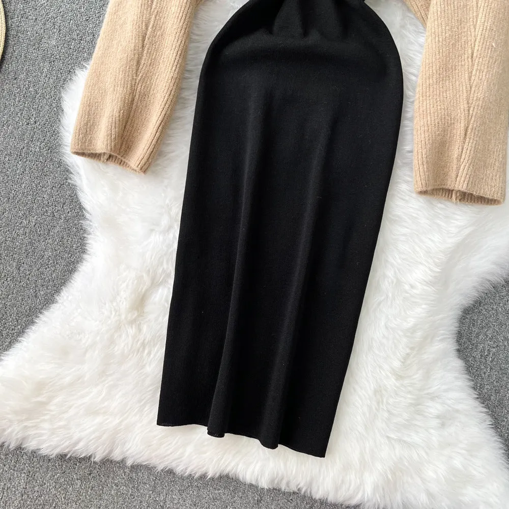 Women's Casual Round Neck Half Knitted Blouse Top Two-piece Thin Shoulder Strap Dress 354