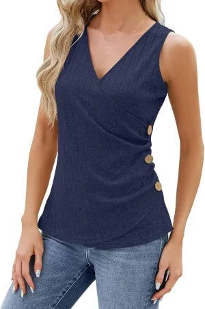Women's Cross V Neck Casual Tank Side Button Embellished Summer Camisole Sleeveless Ribbed Knit Top Slim Sexy Shirt