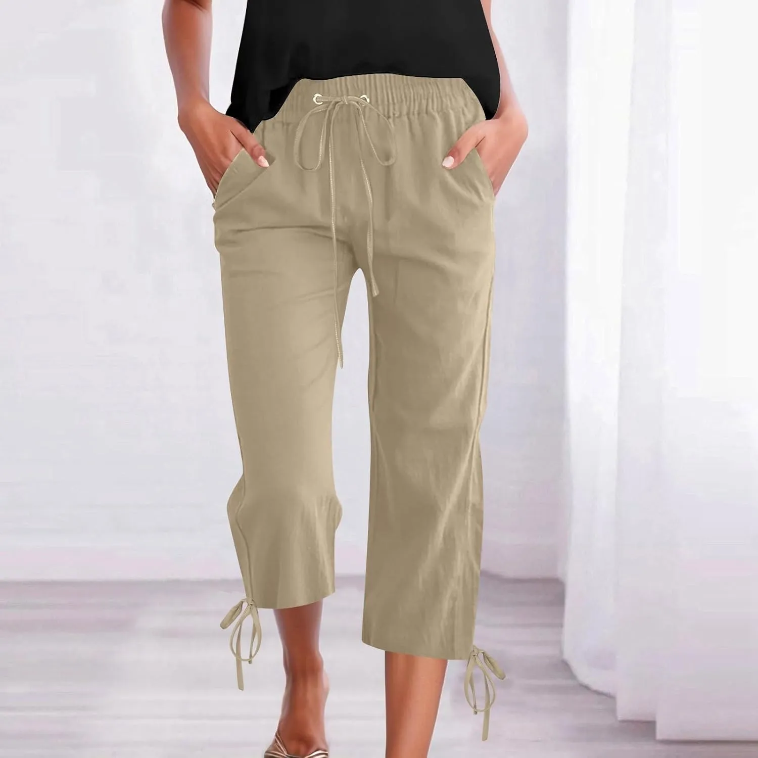 Women's Wide Leg Linen Pants Summer Casual Elastic High Waist Palazzo Pant Dress Tie Knot Trouser with Pocket