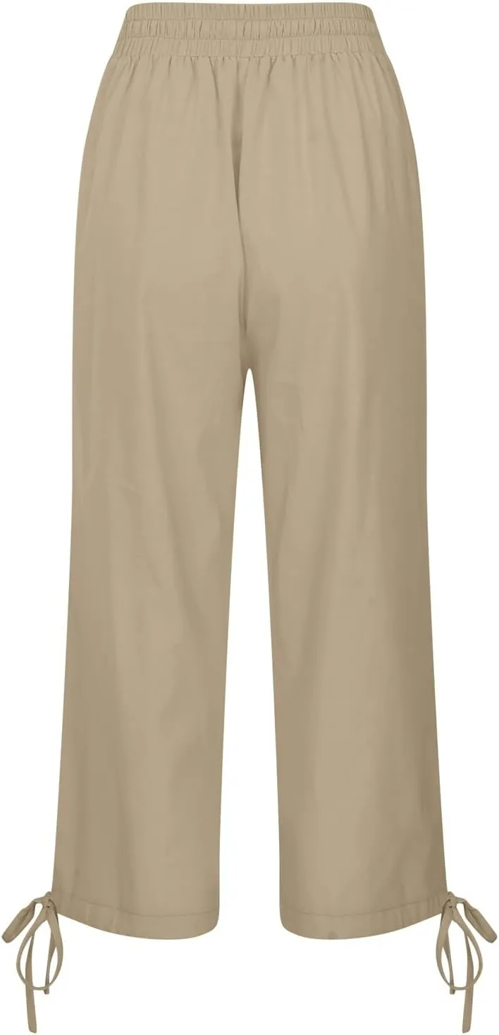 Women's Wide Leg Linen Pants Summer Casual Elastic High Waist Palazzo Pant Dress Tie Knot Trouser with Pocket