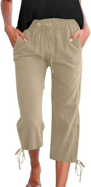 Women's Wide Leg Linen Pants Summer Casual Elastic High Waist Palazzo Pant Dress Tie Knot Trouser with Pocket